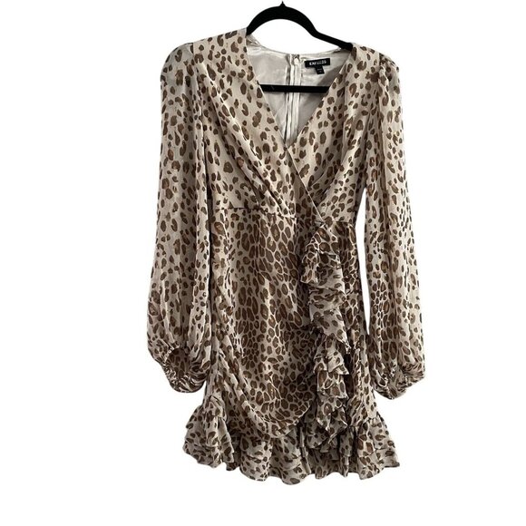Express Wmn XS Brown/Ivory/Gold Cheetah Print V-Neck Sheer Sleeve Ruffle Dress - Picture 1 of 10